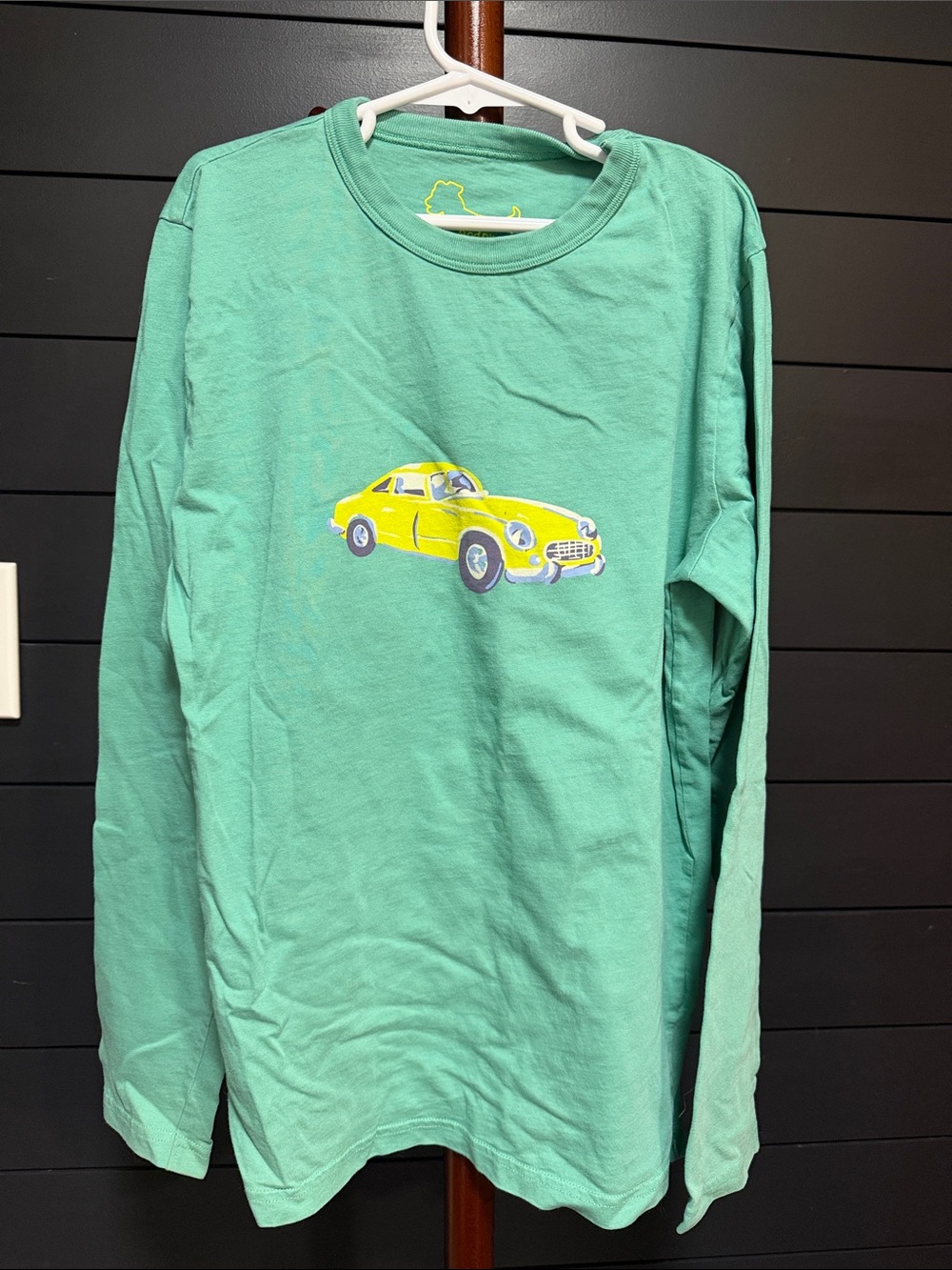 Kids Long Sleeve Dark Mint Green Tee with Yellow Car Motif